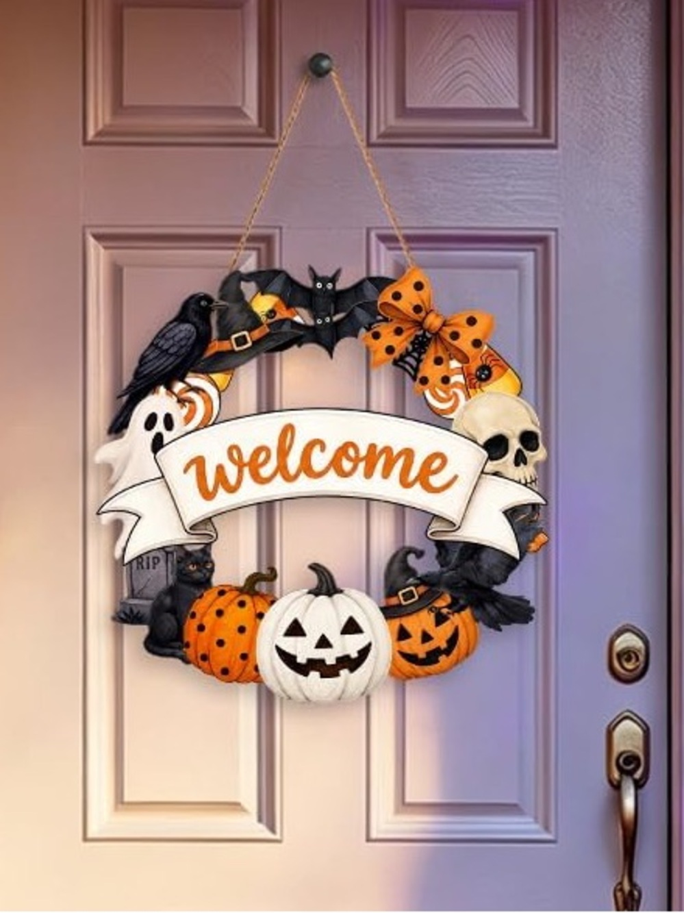 Halloween Welcome Wreath Door Hanging - Orange, Black & White